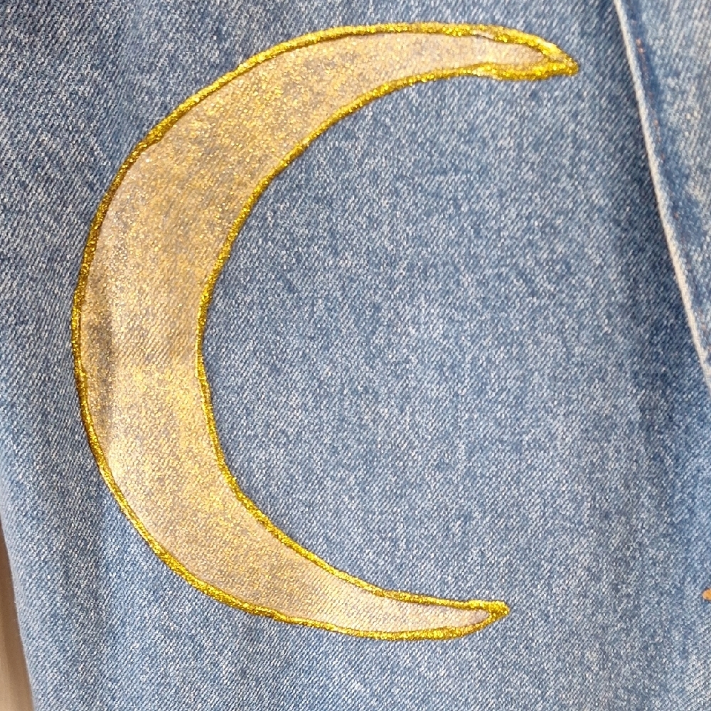 Vintage Sunbelt Denim Jean Jacket -Painted Gold Celestial Design -L- Blue / Gold - Picture 5 of 11